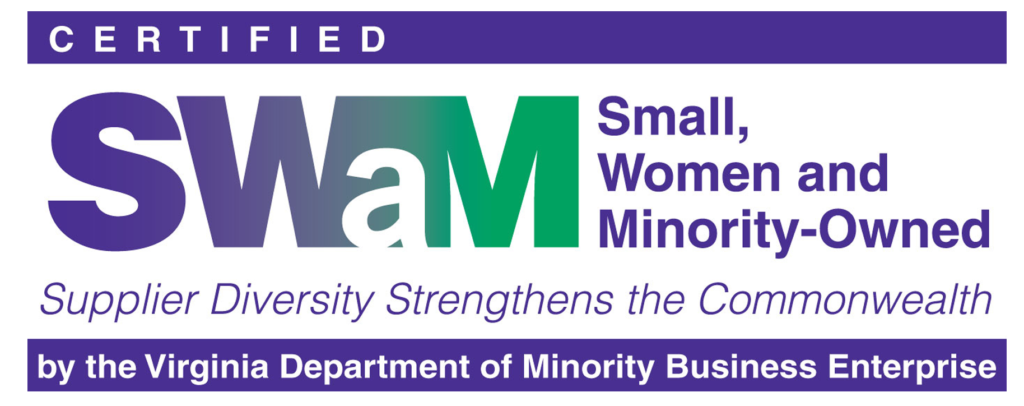 SWaM Certification logo, indicating a business's status as a Small, Women-owned, and Minority-owned certified enterprise in Virginia.