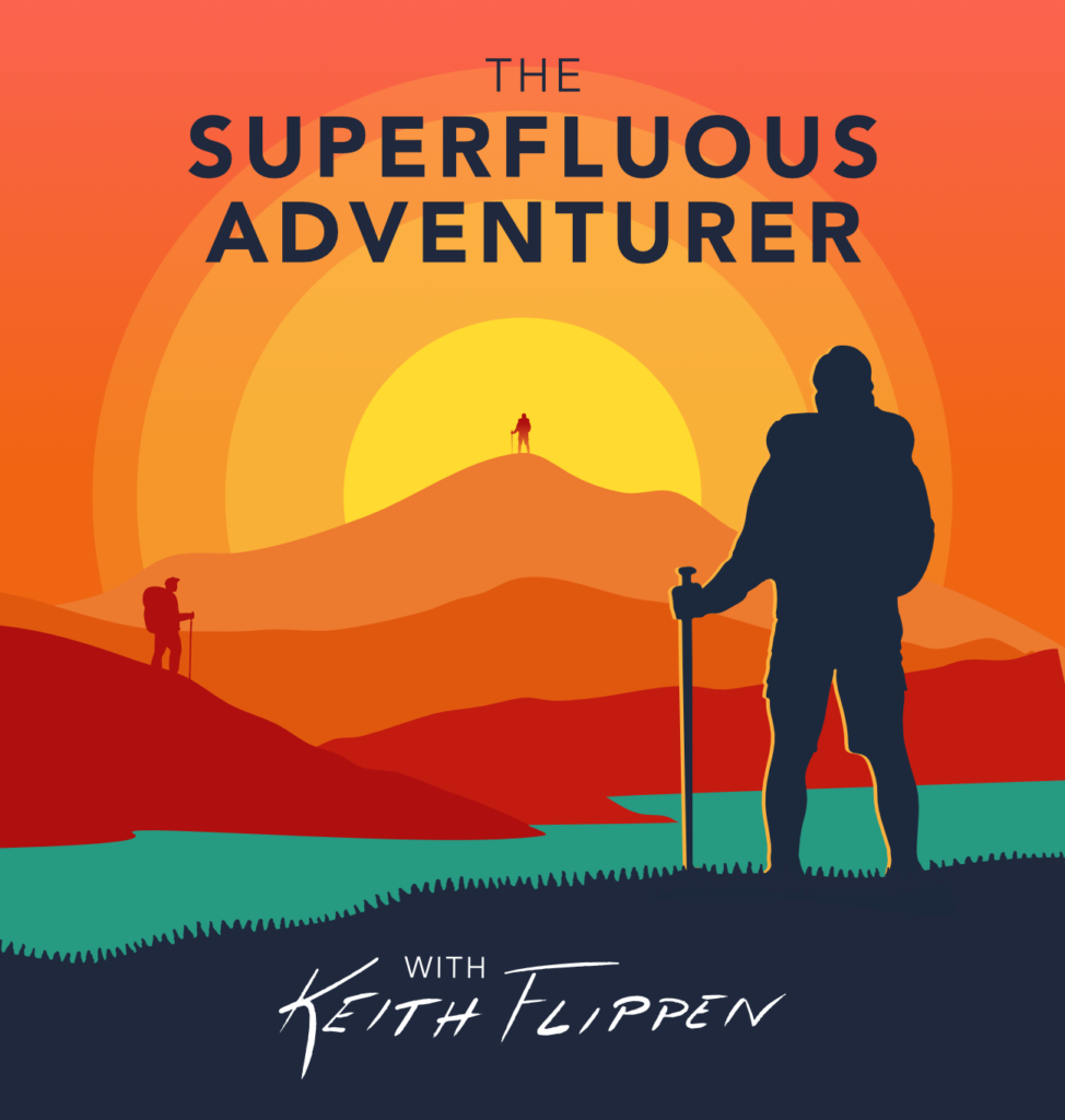 A badge-style illustration of a man hiking up a mountain during a vibrant sunset, with other hikers visible in the distance. Created as a YouTube banner for 'The Superfluous Adventurer,' a channel that celebrates explorers across various terrains and adventures.